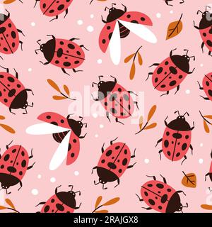 Ladybug seamless pattern. Cute ladybugs repeat pattern isolated on pink background. Square design. Vector illustration. Stock Vector