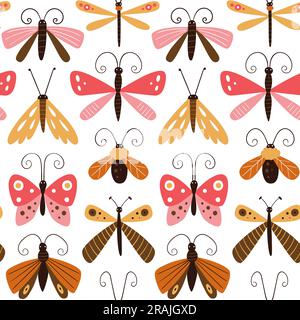 Abstract butterflies and flying bugs seamless pattern. Repeat pattern with flying insects isolatec on white background. Square design. Vector illustra Stock Vector
