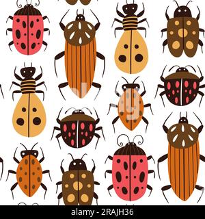 Cute beetles and bugs seamless pattern. Repeat pattern with ladybugs and other insects isolated on white background. Square design. Vector illustratio Stock Vector