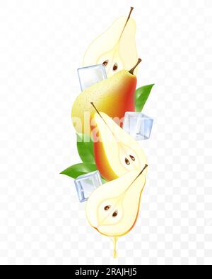 Fresh pear with ice cubes falling or flying. Composition of elements pear with leaves, whole pear, half and slices of pear, 3D realistic vector illust Stock Vector
