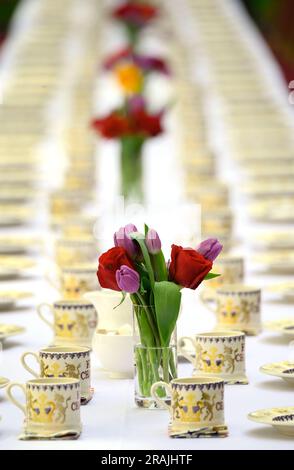 Place settings for the Coronation Big Lunch hosted by Rishi Sunak and his wife Akshata Murty in Downing Street, London, UK. 7th May 2023 Stock Photo