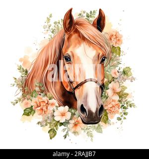 Brown Horse in floral plant spring frame, circle, wreath with peonies and roses isolated on white background. Portrait, head. Watercolor. Illustration Stock Photo