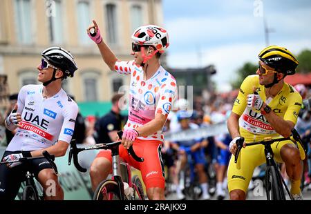 Dax, France. 04th July, 2023. Slovenian Tadej Pogacar of UAE Team Emirates, US' Neilson Powless of EF Education-EasyPost and British Adam Yates of UAE Team Emirates pictured at the start of the fourth stage of the Tour de France cycling race, a 181, 8 km race from Dax to Nogaro, France, Tuesday 04 July 2023. This year's Tour de France takes place from 01 to 23 July 2023. BELGA PHOTO JASPER JACOBS Credit: Belga News Agency/Alamy Live News Stock Photo