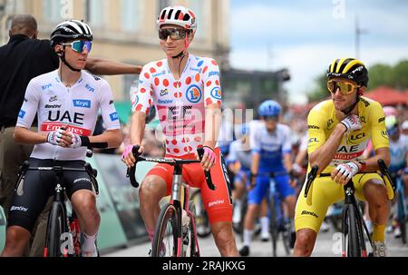 Dax, France. 04th July, 2023. Slovenian Tadej Pogacar of UAE Team Emirates, US' Neilson Powless of EF Education-EasyPost and British Adam Yates of UAE Team Emirates pictured at the start of the fourth stage of the Tour de France cycling race, a 181, 8 km race from Dax to Nogaro, France, Tuesday 04 July 2023. This year's Tour de France takes place from 01 to 23 July 2023. BELGA PHOTO JASPER JACOBS Credit: Belga News Agency/Alamy Live News Stock Photo