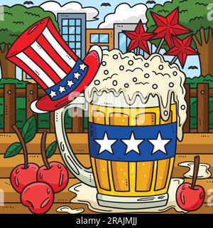 4th Of July Beer Mug with Top Hat Colored Cartoon Stock Vector