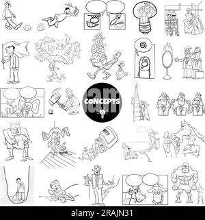 Black and white ilustration set of humorous cartoon concepts or metaphors and ideas with comic characters Stock Vector