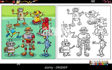 Cartoon illustrations of funny robots or droids characters group coloring page Stock Vector