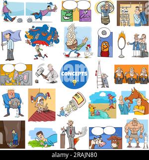 Illustration big set of humorous cartoon concepts or metaphors and ideas with comic characters Stock Vector