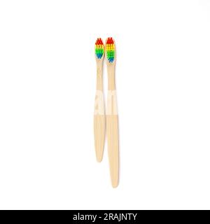 Bamboo toothbrush isolated on white background. Prevention of dental plaque and caries. Oral care. Dentistry concept. Fresh breath. Eco friendly. Rain Stock Photo