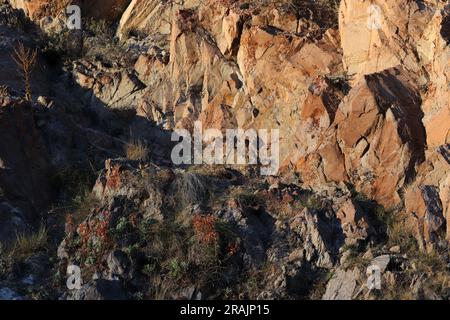 Layered rocks and hills. Surface of a natural stone brown colour Stock Photo