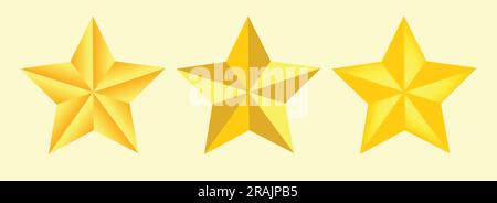 Golden realistic stars. Vector Golden 3d isolated three stars on light pink background. Vector stars rating review. Quality shape design. EPS 10 Stock Vector