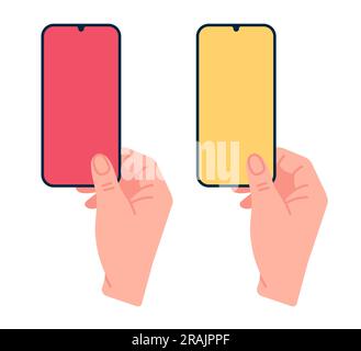 Hand with phone. Color screen as symbol of yellow and red card in soccer. Sport game competition. Football rules. Foul icon. Referee showing mobile Stock Vector