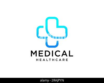 Modern Healthcare Medical Logo. Blue Geometric Linear Rounded Cross Sign Health Icon Infinity Style isolated on White Background. Flat Vector Logo Des Stock Vector