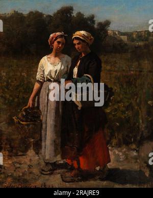 Two young woman picking grapes (Study for „The vintage at Château Lagrange“) 1862 by Jules Breton Stock Photo