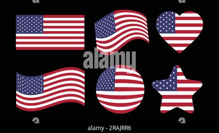USA American flag icon wave circle, heart, and star shape vector illustrator with black background Stock Vector