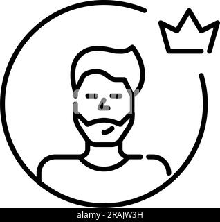 Premium user avatar. Young man with short hair and beard wearing t-shirt. Crown symbol. Pixel perfect, editable stroke Stock Vector