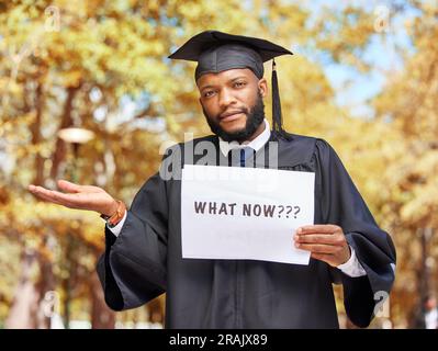 Paper sign, graduation and portrait of a man in a garden by his college campus with a confused gesture. Doubt, graduate and African male student with Stock Photo