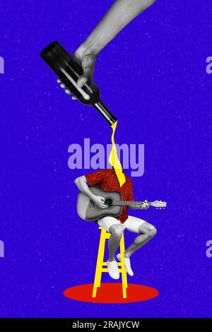 Collage artwork of headless musician guitarist man sitting armchair player acoustic alcoholic bottle wine isolated on purple background Stock Photo