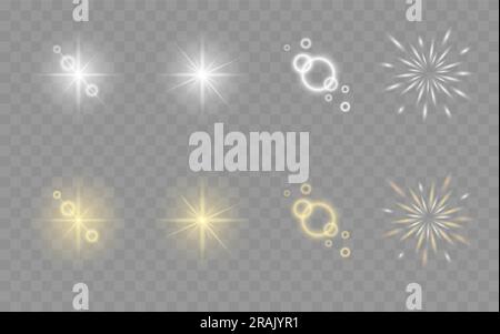 Set of the light, spotlight, starlight elements. Glow isolated white and gold transparent light effect set, explosion, line, sun flash, spark and star Stock Vector