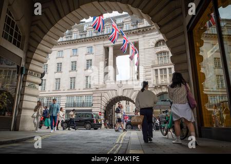 London- June 2023: London street scene off Regent Street in the West End, landmark street and shopping destination Stock Photo