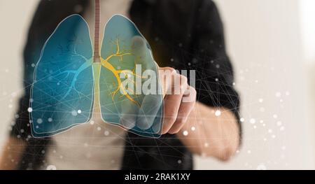 Medical doctor using advance technology big data visual display computer touch screen overlay in Science research Lab. Stock Photo