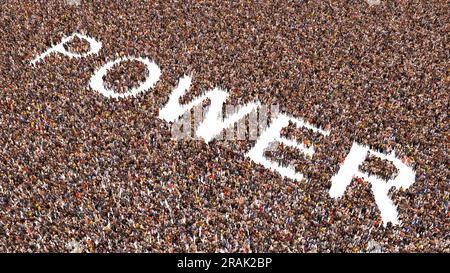 Conceptual large community of people forming the word POWER . 3d illustration metaphor for strength, sport,  confidence, leadership, responsibilty Stock Photo