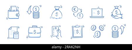Money cash, coin business doodle icon set. Dollar coin, money profit doodle line sketch business inflation, cash payment. Financial profit, growth icon. Outline editable stroke. Vector illustration Stock Vector