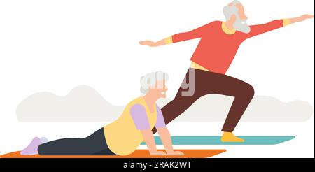 Elderly people exercise. Old man and woman doing yoga Stock Vector