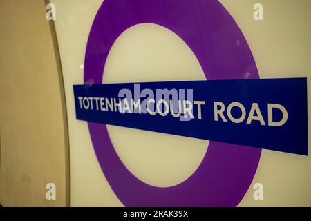 London- June 2023: Tottenham Court Road Elizabeth Line Underground station logo on platform. Stock Photo