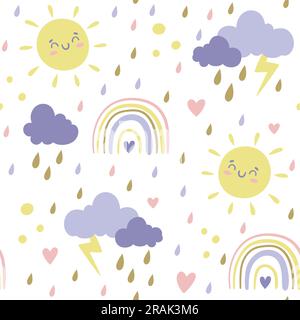 Cute sky boho seamless pattern. Square repeat pattern with sun, storm clouds, rain and rainbows. White background. Vector illustration. Stock Vector