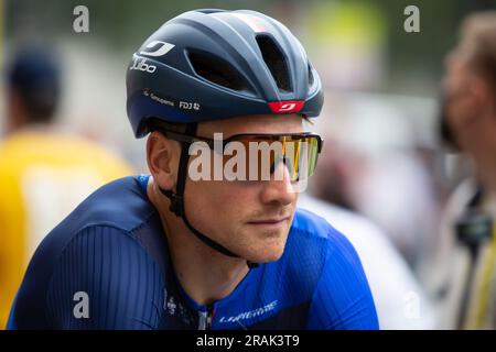 Bilbao, Spain - July 1, 2023: The cyclist LARS VAN DEN BERG, from the GROUPAMA - FDJ team, at the presentation of the Tour de France in the first stag Stock Photo