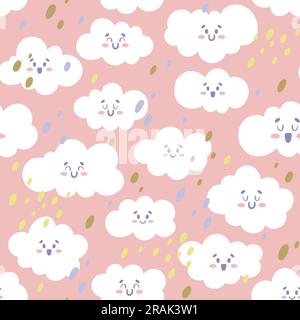 Cute sky seamless pattern. White clouds repeat pattern. Pink background. Nursery decoration. Flat vector illustration. Stock Vector