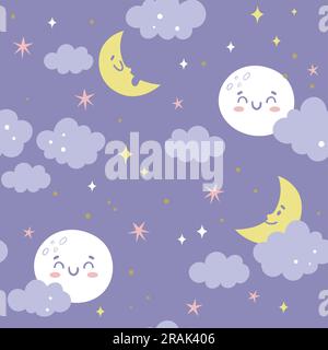 Moon and clouds seamless pattern. Cute moon, stars and clouds repeat pattern. Nursery decoration. Flat vector illustration. Stock Vector