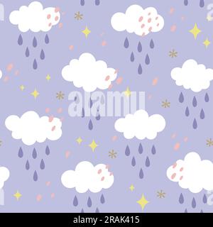 Cute sky seamless pattern. Repeat pattern with clouds, rain drops and stars. Light purple background. Nursery decoration. Flat vector pattern design. Stock Vector