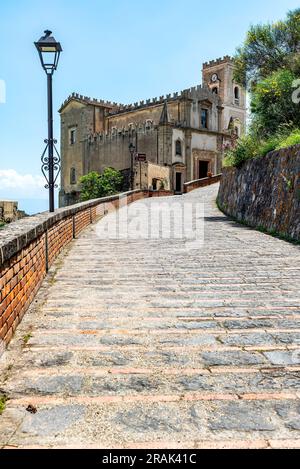 A view of the church S. Nicola of the village of Savoca, Sicily, Italy. The town was the location for the scenes set in Corleone of Francis Ford Coppo Stock Photo