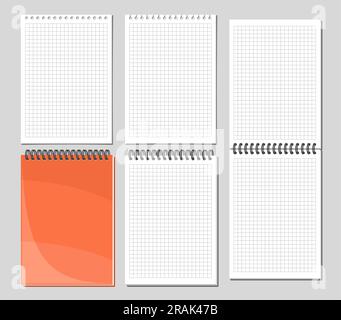 Vector Notepad Set, collection of 5 cut out illustrations of various checkered notepad pages, group of opened and closed spiral notepads on grey backg Stock Vector