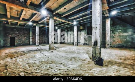 Concrete basement with pillars, lanterns. Stock Photo