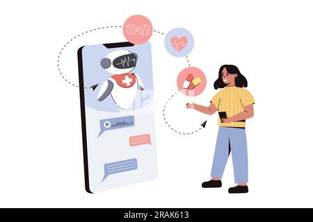 Healthcare AI consulting service. Flat patient receive consultation and treatment in online chat with chatbot. Bot give medical advice or diagnosis. Clinic AI assistant. Future technology in medicine. Stock Vector