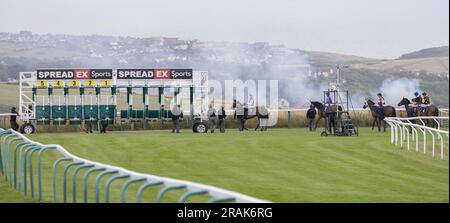 Brighton, UK. 14th July, 2023. A general view as Runners and riders prepare to enter the stalls before the At The Races App Market Movers Handicap Credit: James Boardman/Alamy Live News Stock Photo