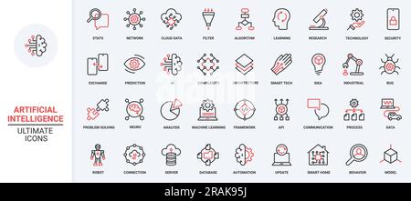 Machine learning thin black and red line icons set vector illustration ...