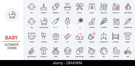 Red black thin line icons set for baby care. Toys and rattle for game activity of kid, nappy diaper, pacifier for newborn, bed carriage for infant child, girl boy faces vector illustration Stock Vector