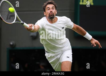 Wimbledon. Jeremy Chardy of, France. 04th July, 2023. during first round match against Carlos Alcaraz of Spain at Wimbledon. Alcaraz won the match in straight sets. Credit: Adam Stoltman/Alamy Live News Stock Photo