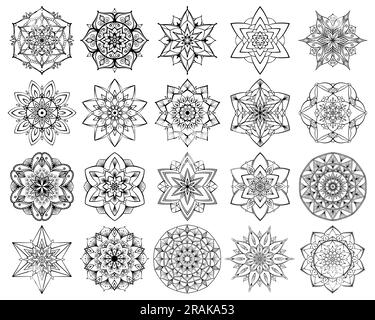 Flower mandalas set. Intricate and simple mandalas coloring pages Stock Vector