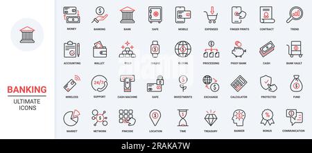 Red black thin line icons set finance, accounting analysis service and analytics, bank account, money profit growth, linear stock market data research infographic vector illustration Stock Vector