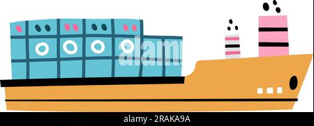 Cargo ship in cute childish style. Funny marine boat isolated on white background Stock Vector