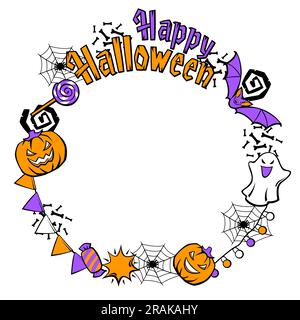 Happy Halloween frame. Holiday background with celebration items. Stock Vector
