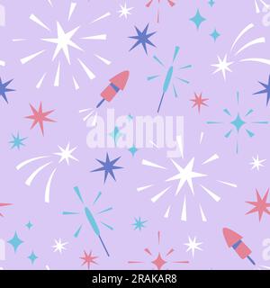 Party seamless pattern. Fireworks, sparklers and stars repeat pattern on light purple background. Vector illustration. Stock Vector