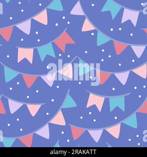 Party flag garland seamless pattern. Repeat pattern with colorful triangle flag garlands on purple backgroud. Vector illustration. Stock Vector