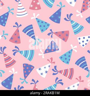 Party hats seamless pattern. Repeat pattern with isolated colorful party hats on pink background. Vector illustration. Stock Vector