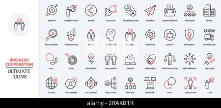 Red black thin line icons set for business cooperation, human resource development, problem solving, company risk insurance, team building and management, leadership assistance vector illustration. Stock Vector